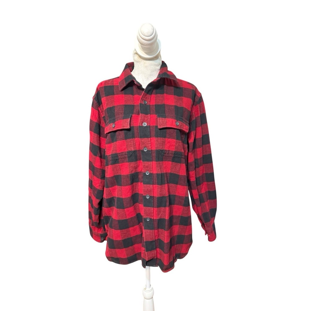 LL Bean Flannel Shirt Mens Medium Red Black Buffalo Plaid Traditional Fit Button